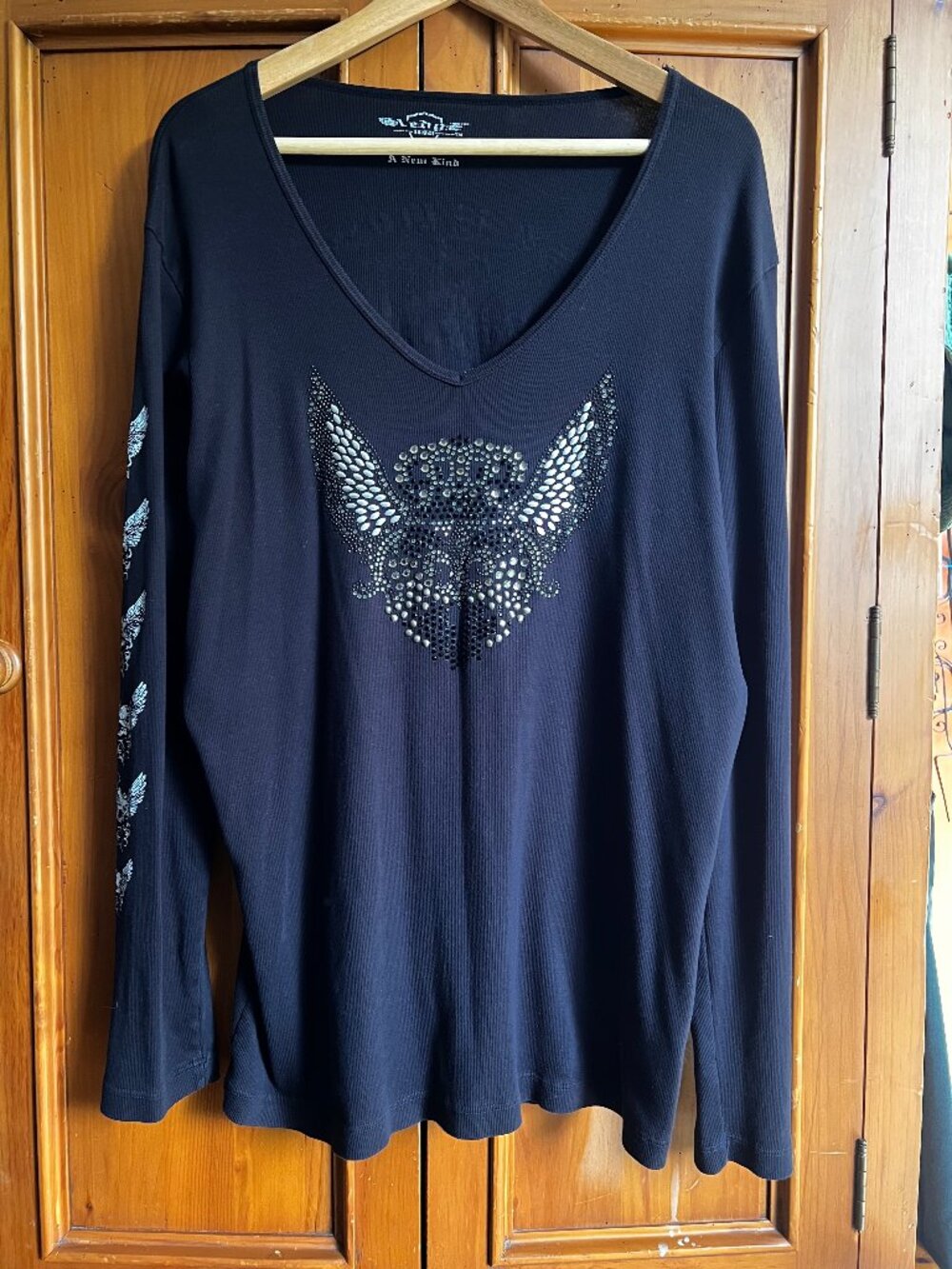 Vintage Sledge Black Long Sleeve Top T-Shirt 3X Tee Crown Rhinestone Y2K